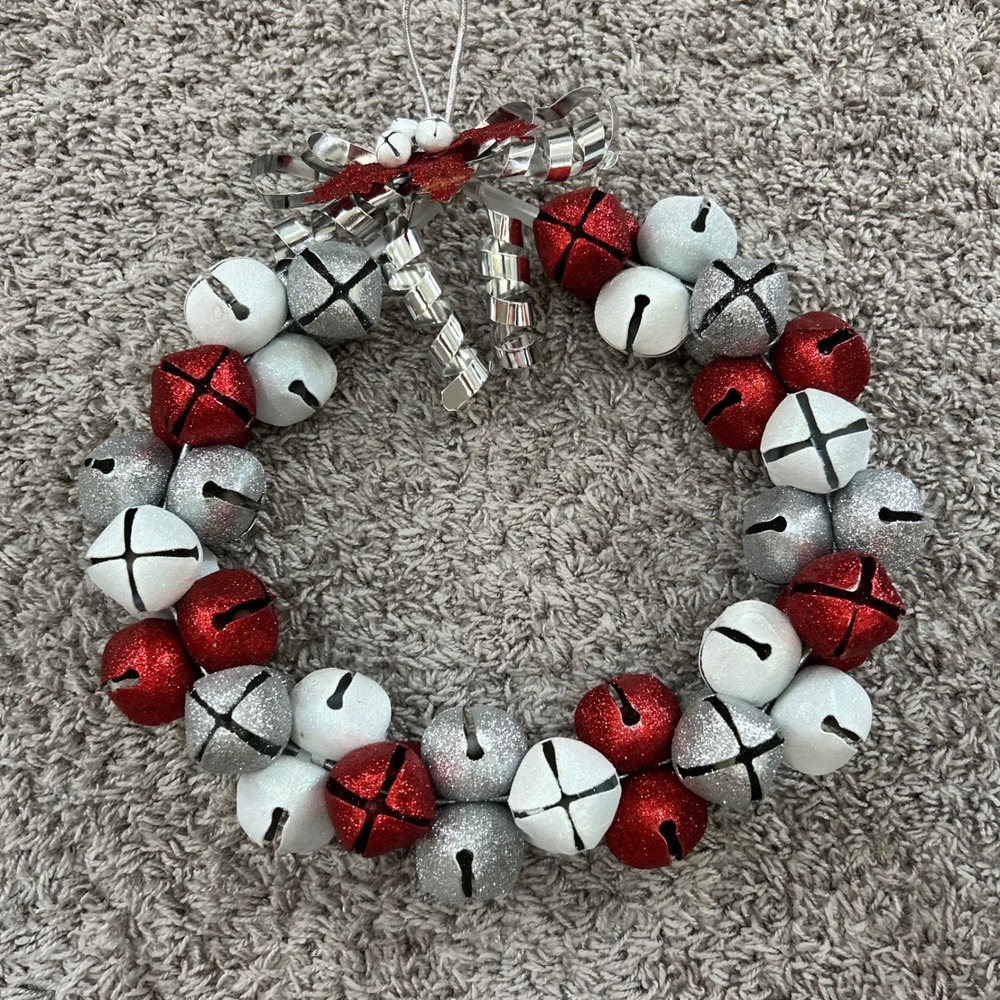 Christmas Jingle Bell Wreath Red Silver White Glitter Holiday Decor heavy duty
